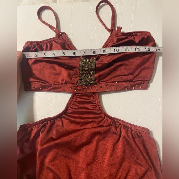 Kelle custom solo rhinestone 2 piece leotard skirt Dance Costume burgundy red LA - Picture 10 of 13